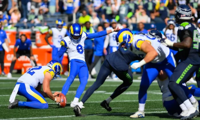 Sep 10, 2023; Seattle, Washington, USA; Los Angeles Rams place kicker Brett Maher (8) kicks a field goal during the second half at Lumen Field.